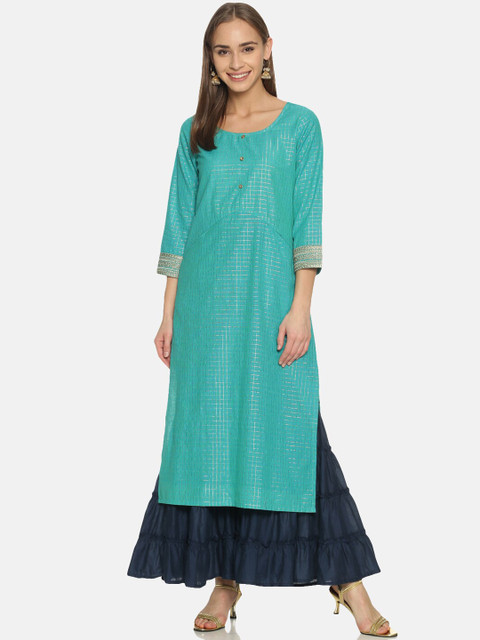

Saffron Threads Women Turquoise Blue & Gold Checked Straight Kurta