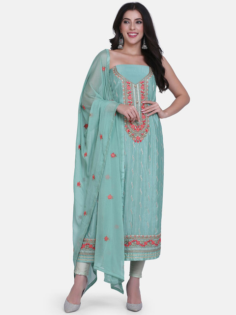 

BOMBAY SELECTIONS Green & Red Poly Crepe Unstitched Dress Material