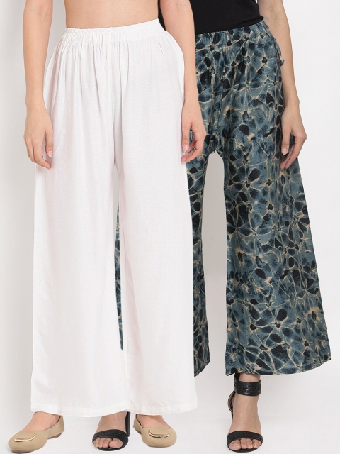 

TAG 7 Women Pack Of 2 White & Blue Printed Flared Palazzos
