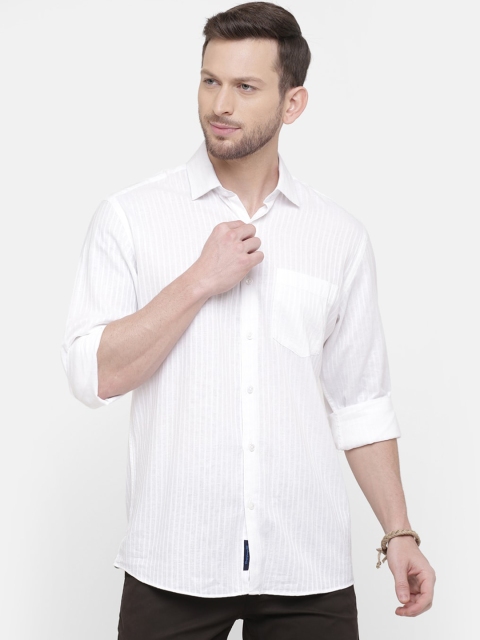 

CAVALLO by Linen Club Men Cotton Linen White Regular Fit Striped Casual Shirt