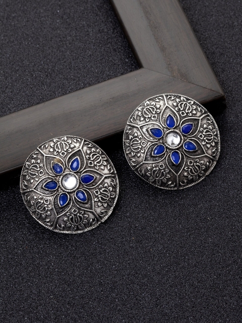 

Ibtida Silver-Toned & Blue Rhodium-Plated Oxidised Circular Studs