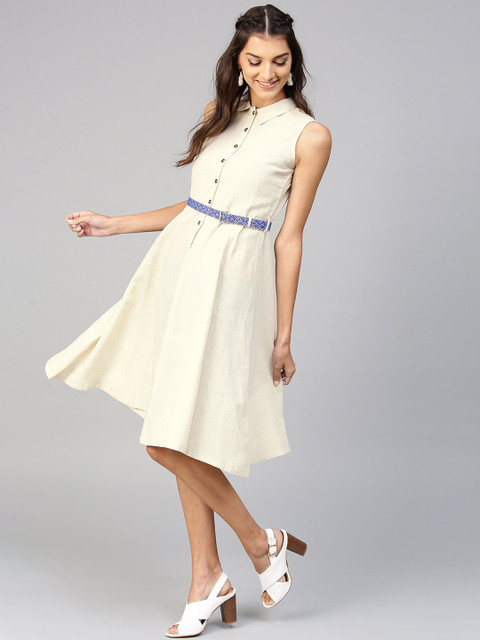 

RUNWAYIN Women Off-White Solid Shirt Dress