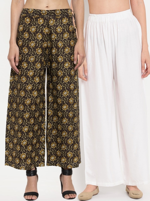 

TAG 7 Women White & Brown Printed Flared Palazzos