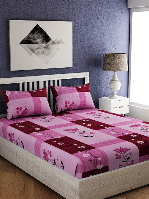 

EverHOME Purple Floral 144 TC Cotton 1 Queen Bedsheet with 2 Pillow Covers