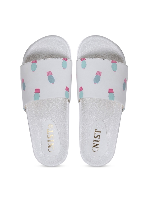 

GNIST Women White & Blue Cactus Printed Sliders