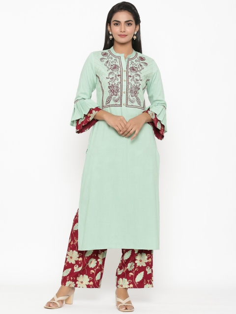 

RANGMAYEE Women Green & Maroon Embroidered Yoke Design Kurta with Palazzos