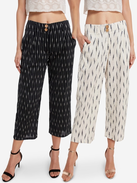 

Desi Weavess Women Pack Of 2 White & Black Ikkat Handloom Straight Palazzos