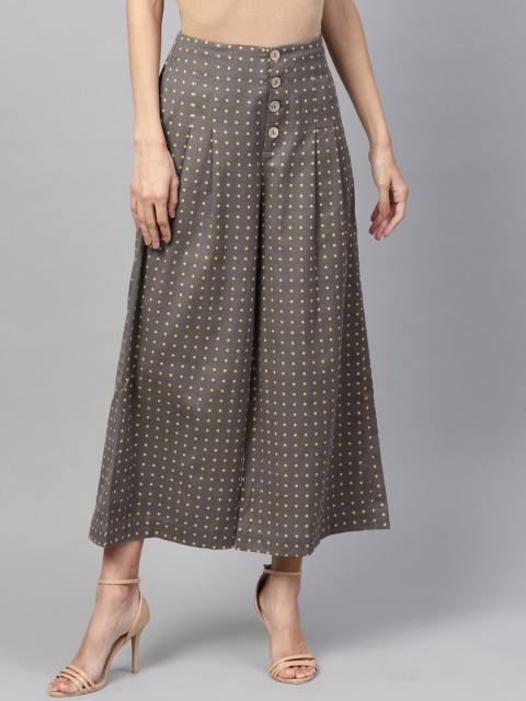 

RUNWAYIN Women Grey & Yellow Flared Printed Culottes