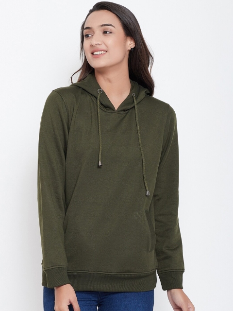 

wesquare Women Olive Green Solid Hooded Sweatshirt