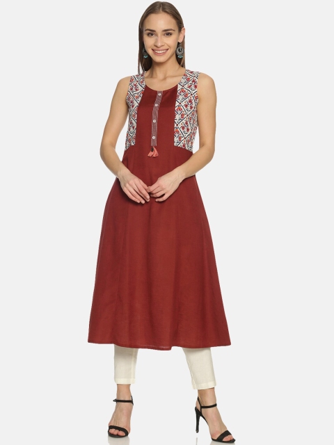 

Saffron Threads Women Maroon & White Yoke Design A-Line Kurta