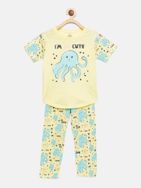 

ventra Girls Yellow Printed Night Suit