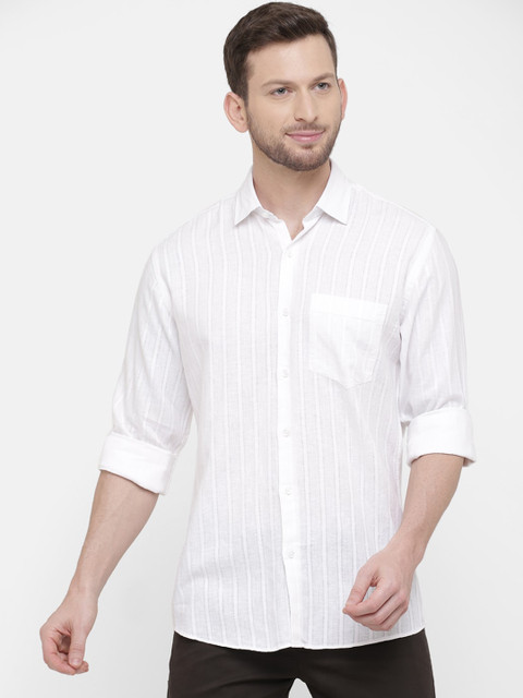 

CAVALLO by Linen Club Men Cotton Linen White Regular Fit Striped Casual Shirt