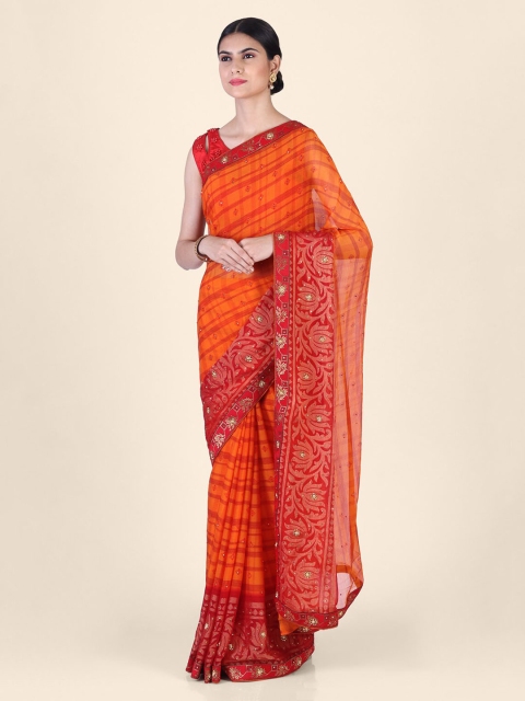 

CLAI WORLD Orange & Red Poly Georgette Woven Design Handloom Saree