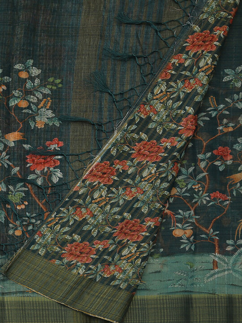 

Pothys Green & Orange Jute Silk Floral Printed Saree