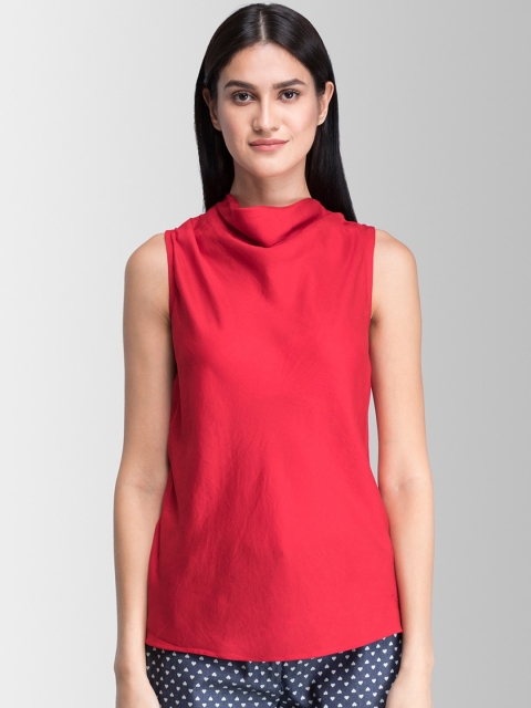 

FableStreet Women Red Solid Cowl Neck Top