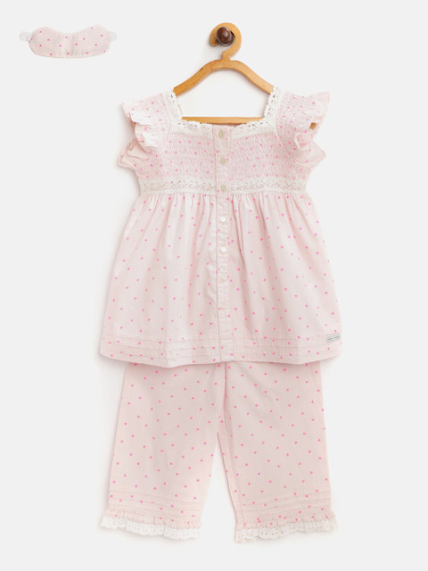 

Cherry Crumble Girls Pink Printed Night Suit With Eye Pad