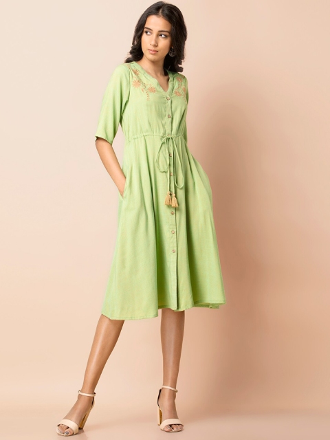 

INDYA Women Green Embroidered A-Line Dress