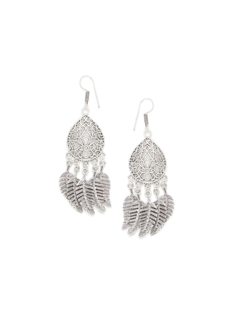 

GloBox By ZeroKaata Silver-Toned Oxidised Leaf Shaped Drop Earrings
