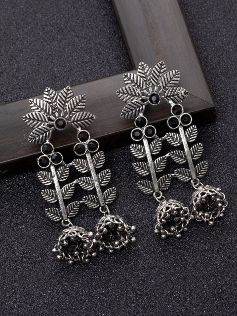 

Ibtida Silver-Toned & Black Rhodium-Plated Leaf Shaped Jhumkas