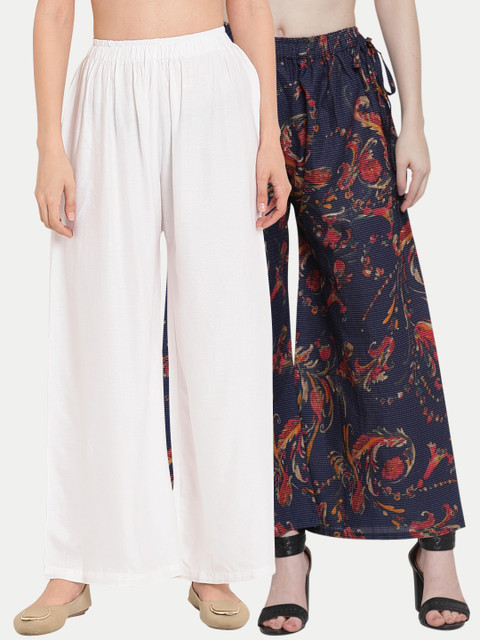 

TAG 7 Women Pack Of 2 White & Navy Blue Printed Flared Palazzos