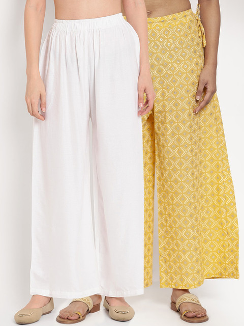 

TAG 7 Women Pack Of 2 White & Yellow Printed Flared Palazzos