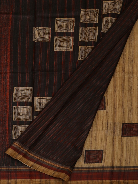 

Pothys Cream-Coloured & Brown Jute Silk Checked Saree