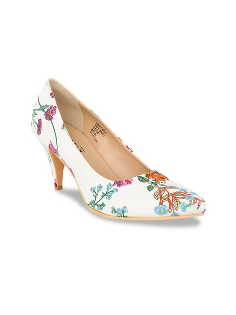 

Footin Women White & Orange Floral Printed Pumps
