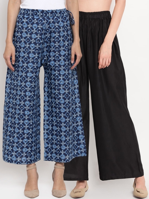

TAG 7 Women Black & Blue Printed Flared Palazzos