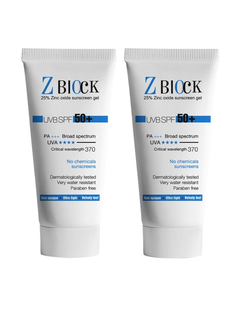 

Z BLOCK Pack of 2 Zinc Oxide Sunscreen Gel with SPF 50+ 50 ml, Cream