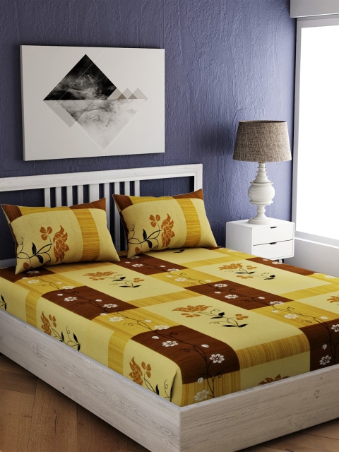 

EverHOME Yellow & Brown Floral 144 TC Cotton 1 Queen Bedsheet with 2 Pillow Covers