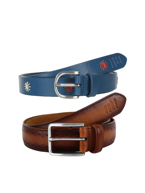 

echt Men Set Of 2 Blue & Brown Leather Woven Design Belt