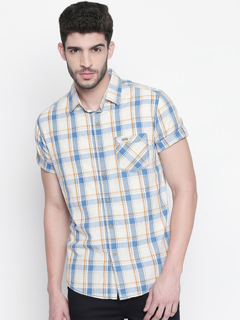 

Mufti Men Off-White & Blue Slim Fit Checked Casual Shirt