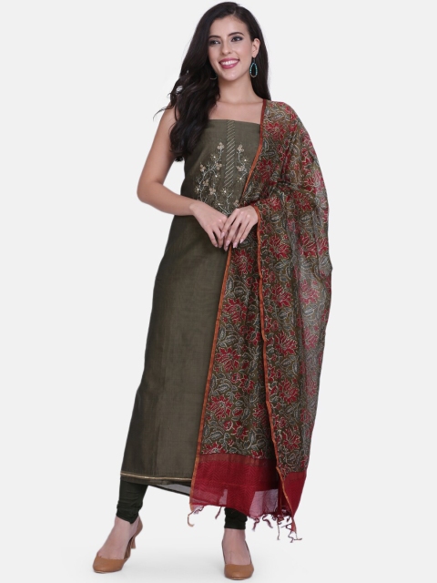 

BOMBAY SELECTIONS Olive Green & Red Cotton Blend Unstitched Dress Material