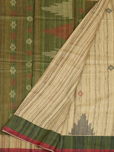 

Pothys Cream & Olive Green Jute Silk Printed Saree
