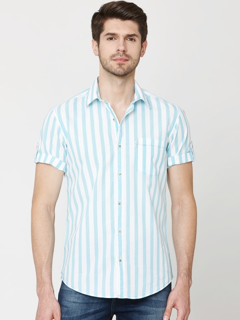 

Mufti Men White & Turquoise Blue Slim Fit Striped Casual Shirt