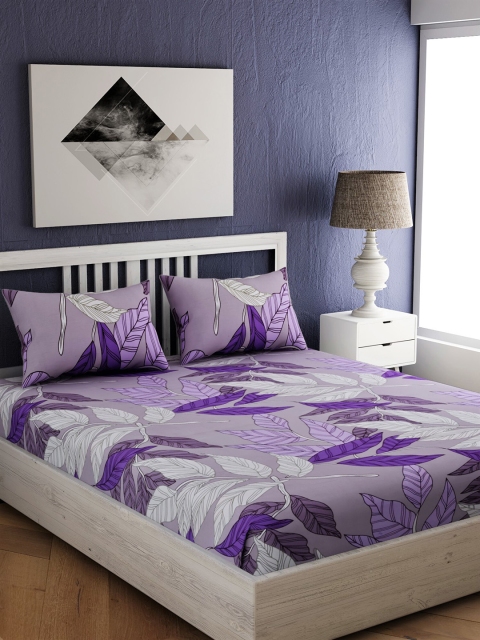 EverHOME Purple & White Floral 210 TC Cotton 1 Queen Bedsheet with 2 Pillow Covers