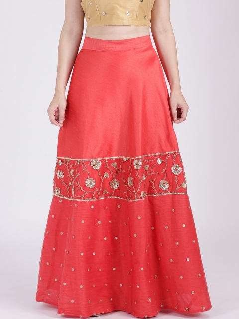 

studio rasa Women Coral Red & Gold-Toned Embellished A-Line Maxi Skirt
