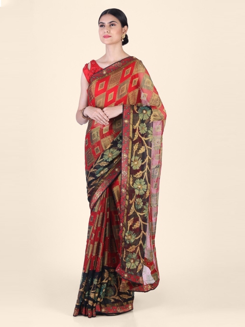 

CLAI WORLD Red Embellished Saree