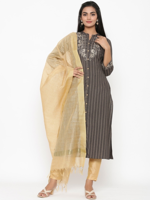 

RANGMAYEE Women Grey Striped Panelled Kurta with Trousers & With Dupatta