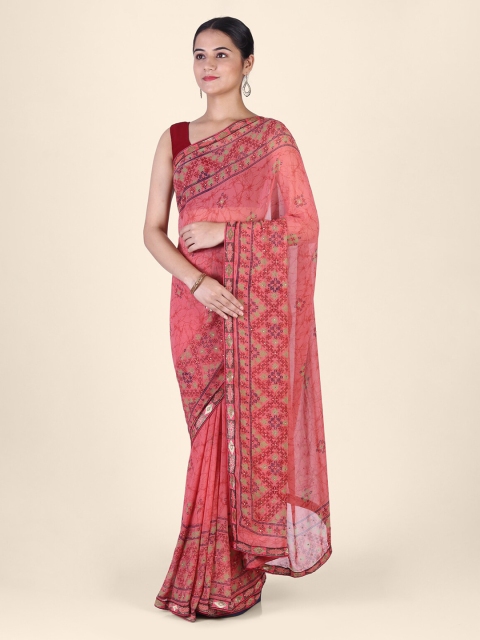 

CLAI WORLD Pink & Maroon Brasso Printed Handloom Saree