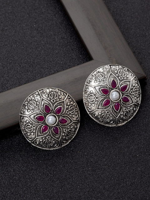 

Ibtida Silver-Toned & Pink Circular Rhodium-Plated Studs
