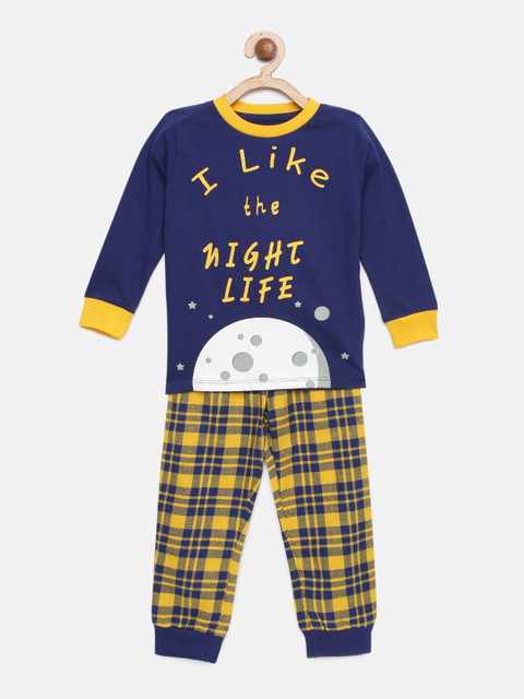 

ventra Boys Navy Blue & Yellow Printed Night Suit