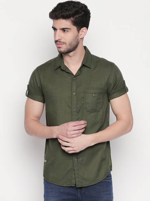 

Mufti Men Olive Green Slim Fit Solid Casual Shirt
