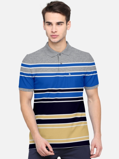 

BULLMER Men Blue Striped Mandarin Collar Pure Cotton T-shirt