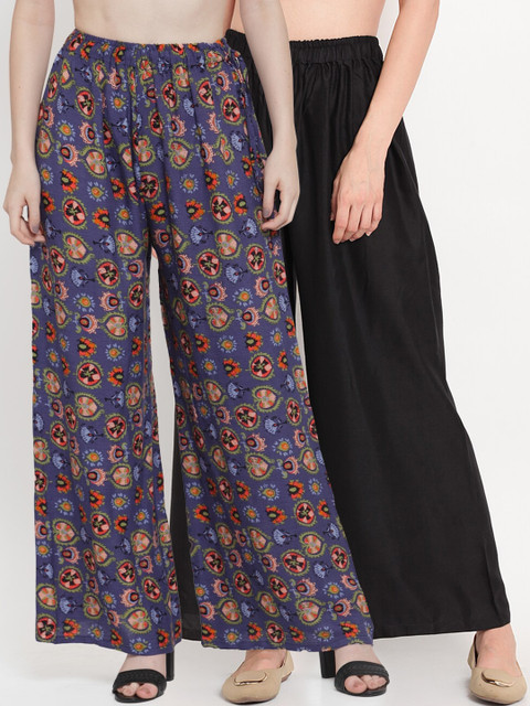 

TAG 7 Women Pack Of 2 Black & Navy Blue Printed Flared Palazzos