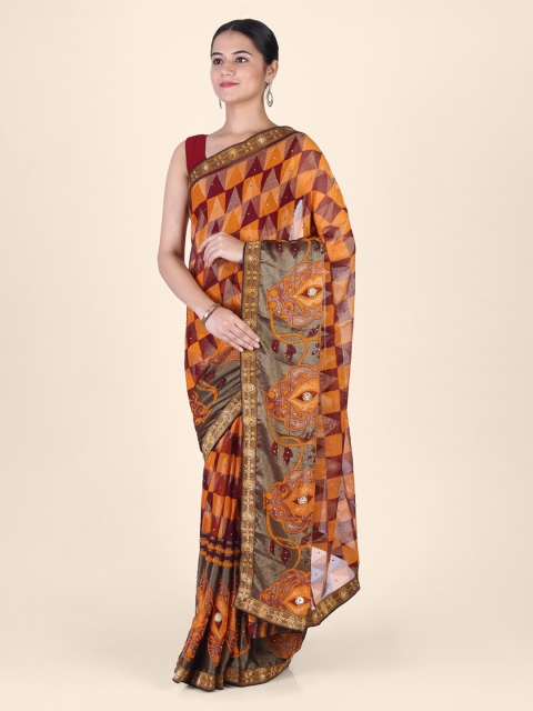 

CLAI WORLD Yellow & Maroon Poly Georgette Woven Design Handloom Saree