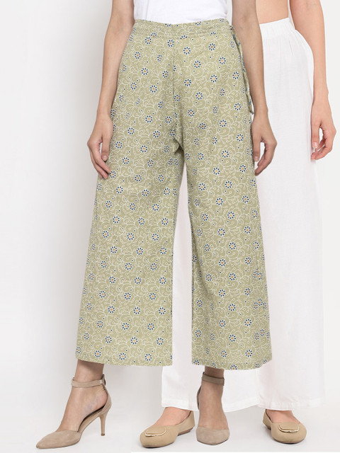 

TAG 7 Women Pack Of 2White & Green Printed Flared Palazzos, White