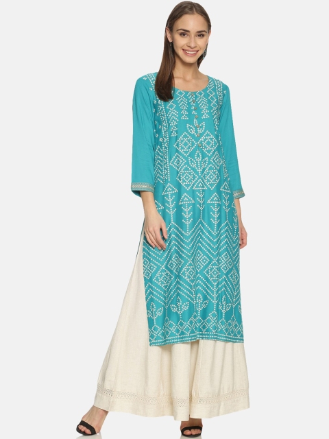 

Saffron Threads Women Turquoise Blue & White Bandhani Print Straight Kurta