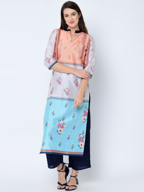 

ZIYAA Women Blue & Peach-Coloured Printed Straight Kurta