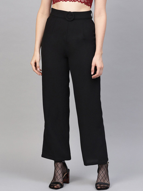 

RUNWAYIN Women Black Flared Solid Parallel Trousers